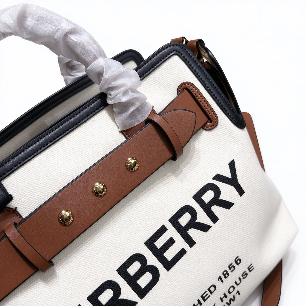 Burberry Horseferry Canvas Tote Bag | Logo Shopper with Brown Leather Strap & Black Trim — Natural/Tan/Black