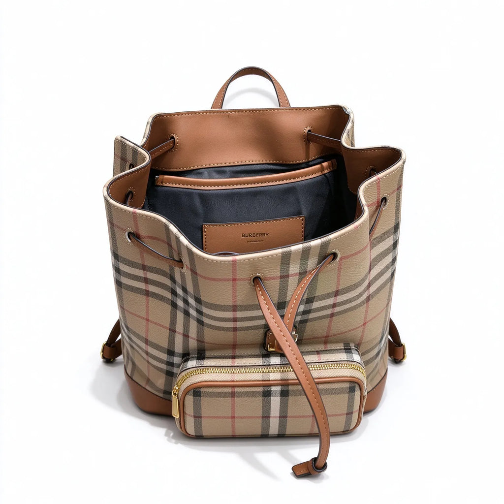 Burberry Vintage Check Drawstring Backpack | Grained Leather Trim Rucksack — Archive Beige/Tan