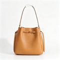 Tory Burch Romy Tiramisu Brown Adjustable Shoulder Strap Drawstring Closure Women's Designer Large Pebble Leather Bucket Bag