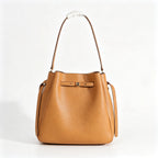 Tory Burch Romy Tiramisu Brown Adjustable Shoulder Strap Drawstring Closure Women's Designer Large Pebble Leather Bucket Bag