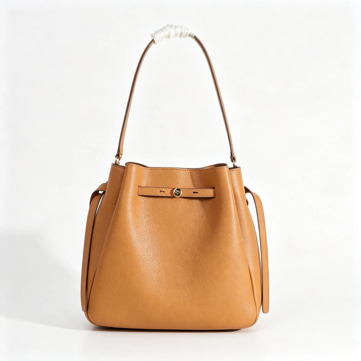 Tory Burch Romy Tiramisu Brown Adjustable Shoulder Strap Drawstring Closure Women's Designer Large Pebble Leather Bucket Bag