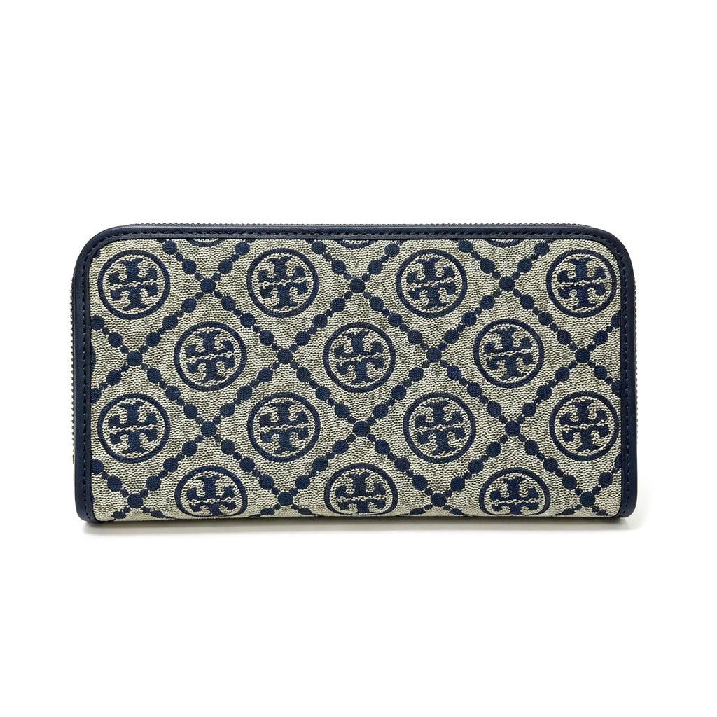 Tory Burch T Monogram wallet in navy and beige Monogram canvas, long with multiple card slots and a zipper