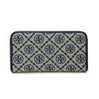Tory Burch T Monogram wallet in navy and beige Monogram canvas, long with multiple card slots and a zipper