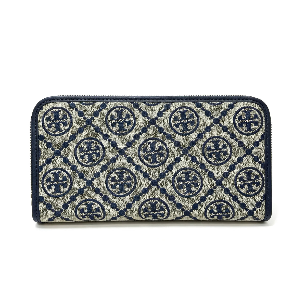 Tory Burch T Monogram wallet in navy and beige Monogram canvas, long with multiple card slots and a zipper