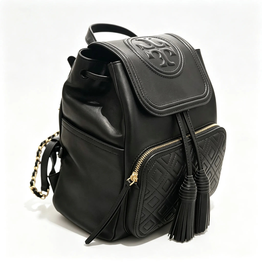 Tory Burch Fleming, black lambskin quilted front pocket and tassel drawstring adjustable chain shoulder strap, women's mini backpack