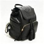 Tory Burch Fleming, black lambskin quilted front pocket and tassel drawstring adjustable chain shoulder strap, women's mini backpack