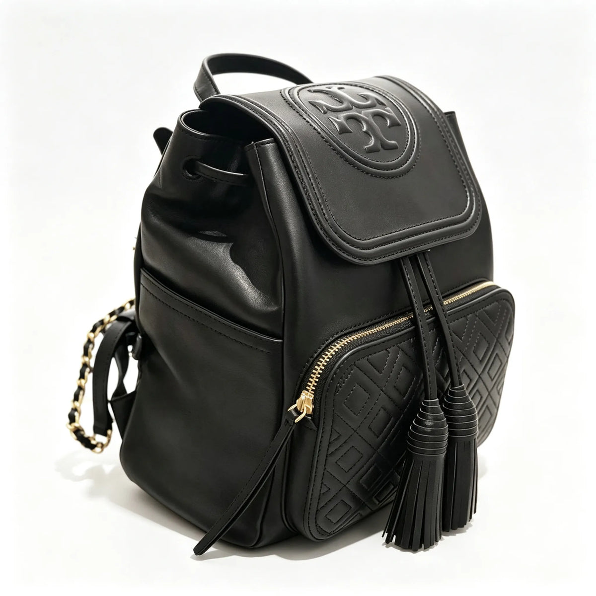 Tory Burch Fleming, black lambskin quilted front pocket and tassel drawstring adjustable chain shoulder strap, women's mini backpack