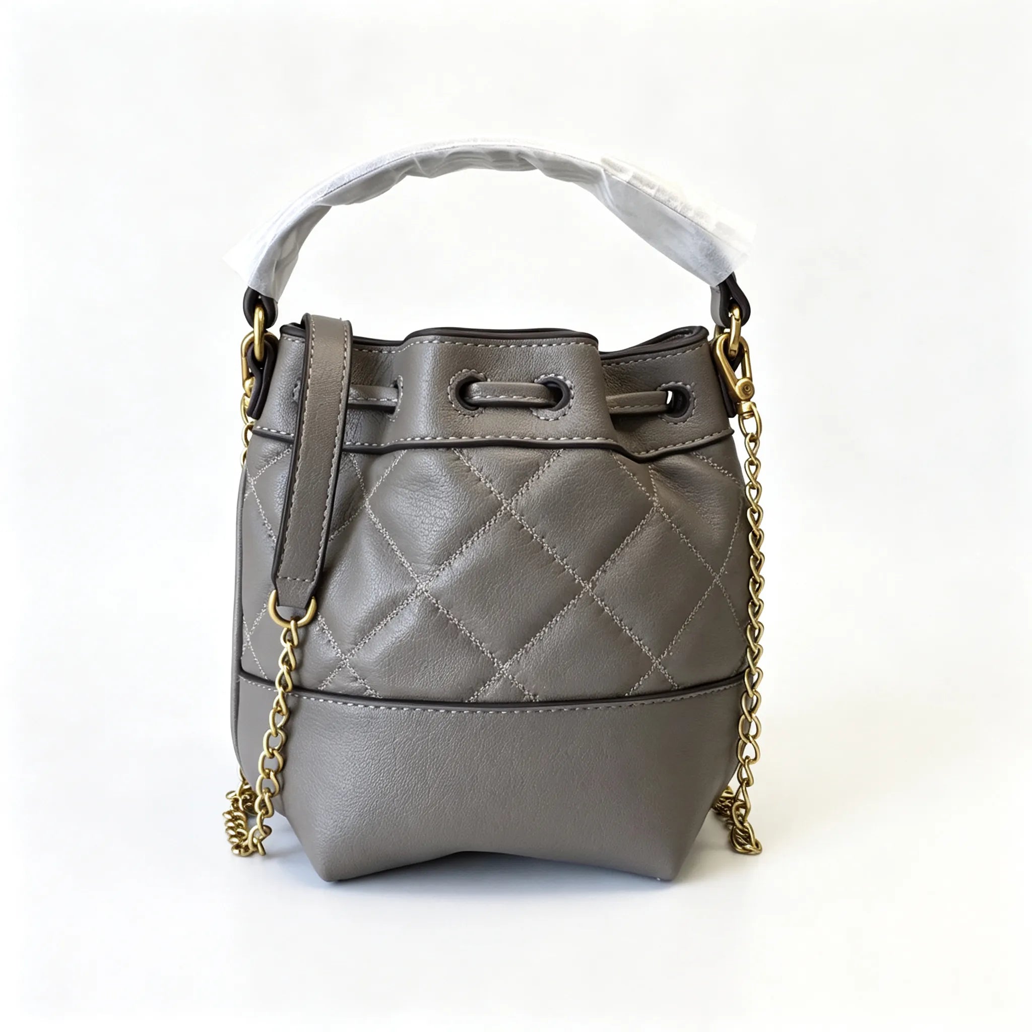 Tory Burch Willa | Grey-brown lambskin leatheradorned with a gold double-T logo detachable chain shoulder strap  drawstring closure  women's designer handbag