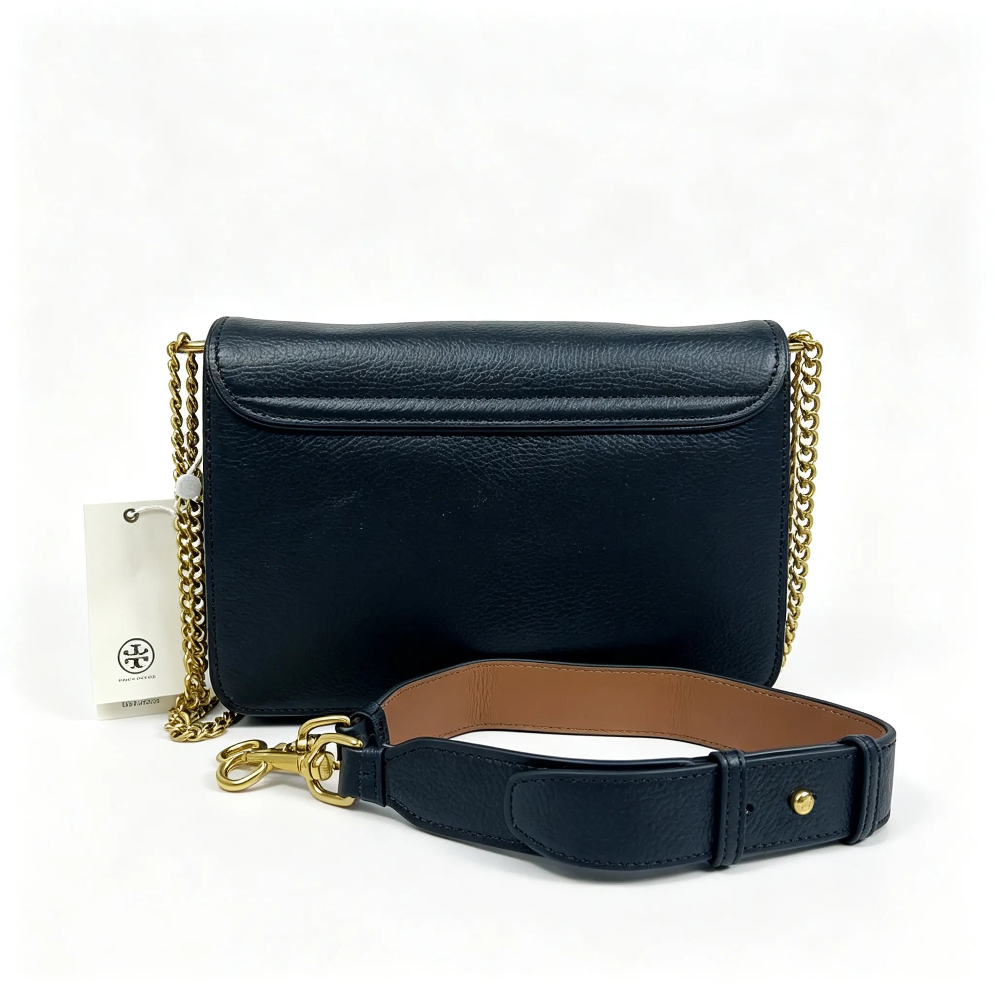 Tory Burch Chelsea | Black pebbled leather with a detachable chain and leather shoulder strap multiple carrying options women's designer handbag