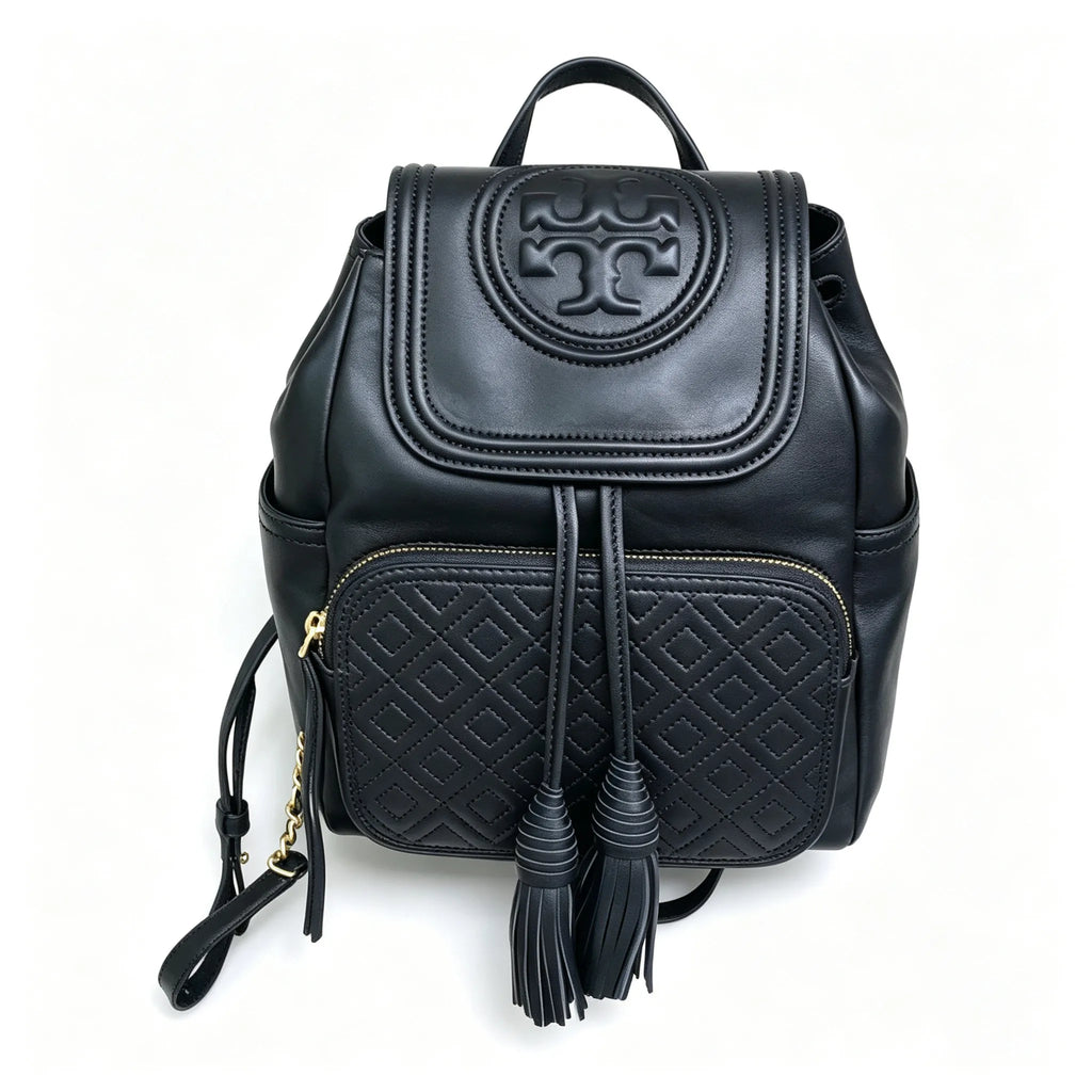 Tory Burch Fleming, black lambskin quilted front pocket and tassel drawstring adjustable chain shoulder strap, women's mini backpack