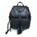 Tory Burch Fleming, black lambskin quilted front pocket and tassel drawstring adjustable chain shoulder strap, women's mini backpack