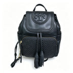 Tory Burch Fleming, black lambskin quilted front pocket and tassel drawstring adjustable chain shoulder strap, women's mini backpack