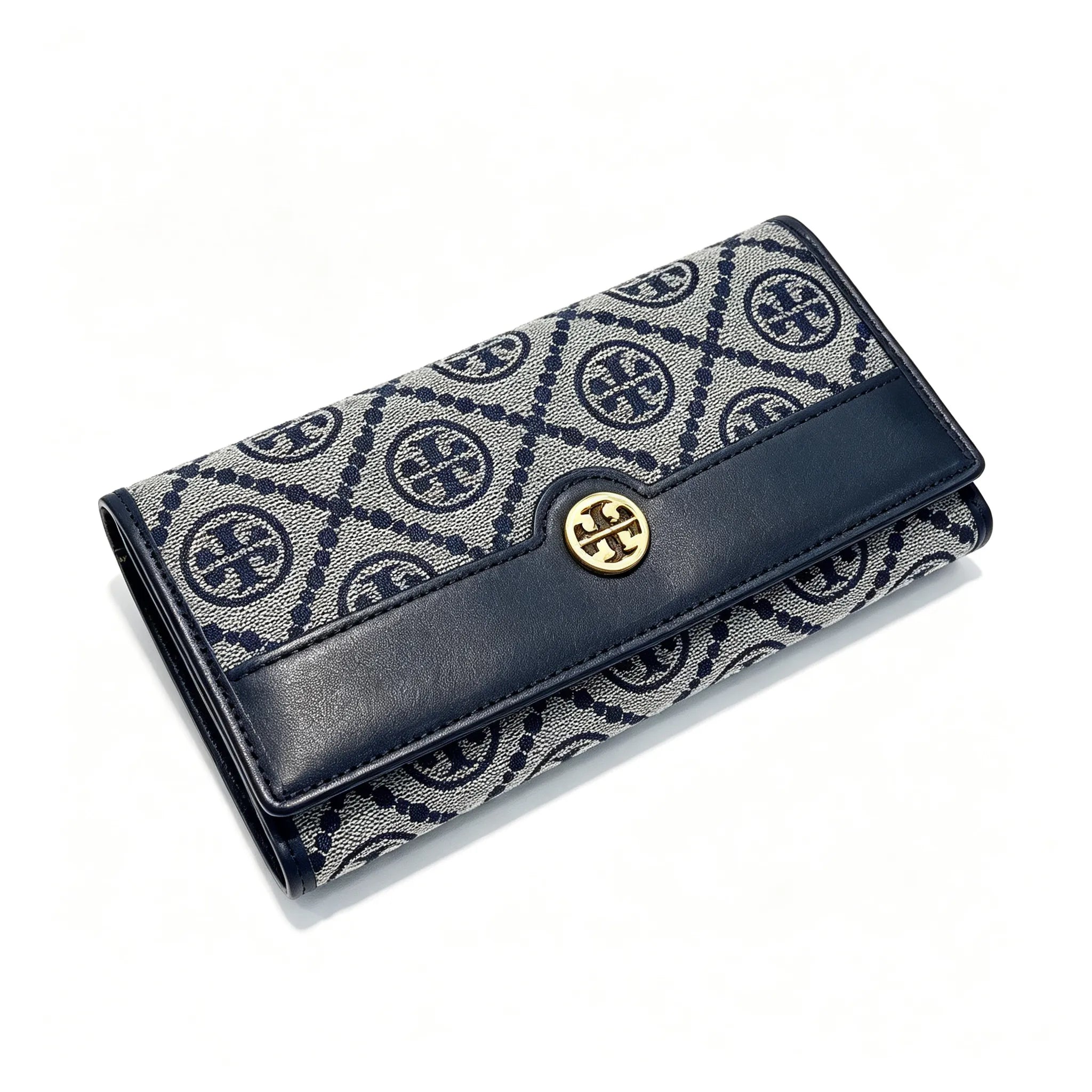 Tory Burch T Monogram Navy Blue and Beige Monogram Canvas Foldable Women's Clutch