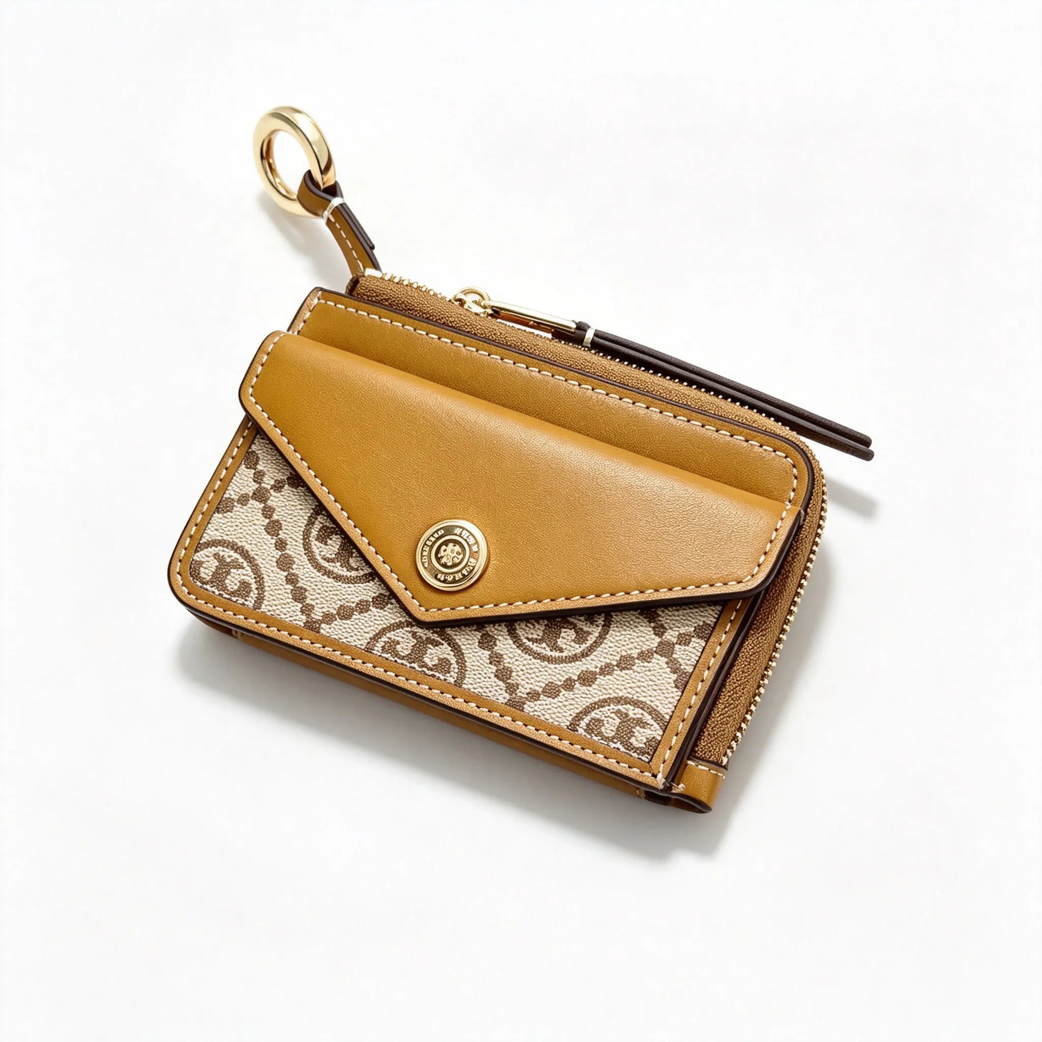 Tory Burch T-pattern keychain card holder | Hazelnut brown canvas with letter pattern multi-card slots comes with a detachable wrist strap  T-pattern keychain card holder