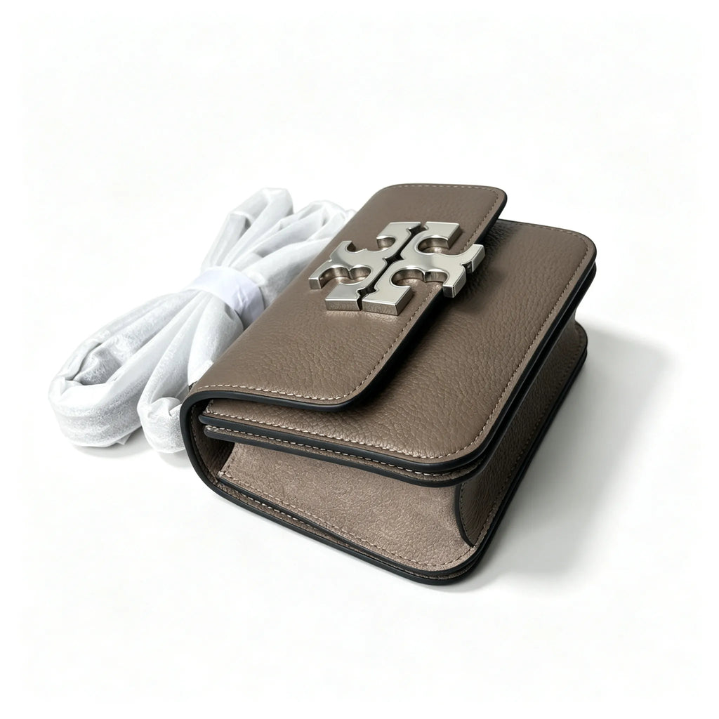 Tory Burch Eleanor, elephant grey with a silver double-T detachable chain shoulder strap offering multiple carrying options for women