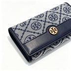 Tory Burch T Monogram Navy Blue and Beige Monogram Canvas Foldable Women's Clutch