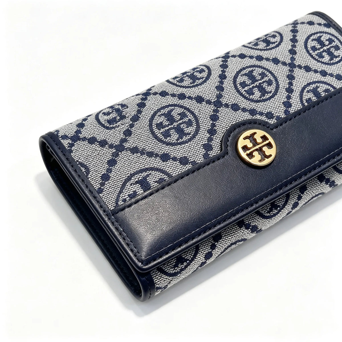 Tory Burch T Monogram Navy Blue and Beige Monogram Canvas Foldable Women's Clutch