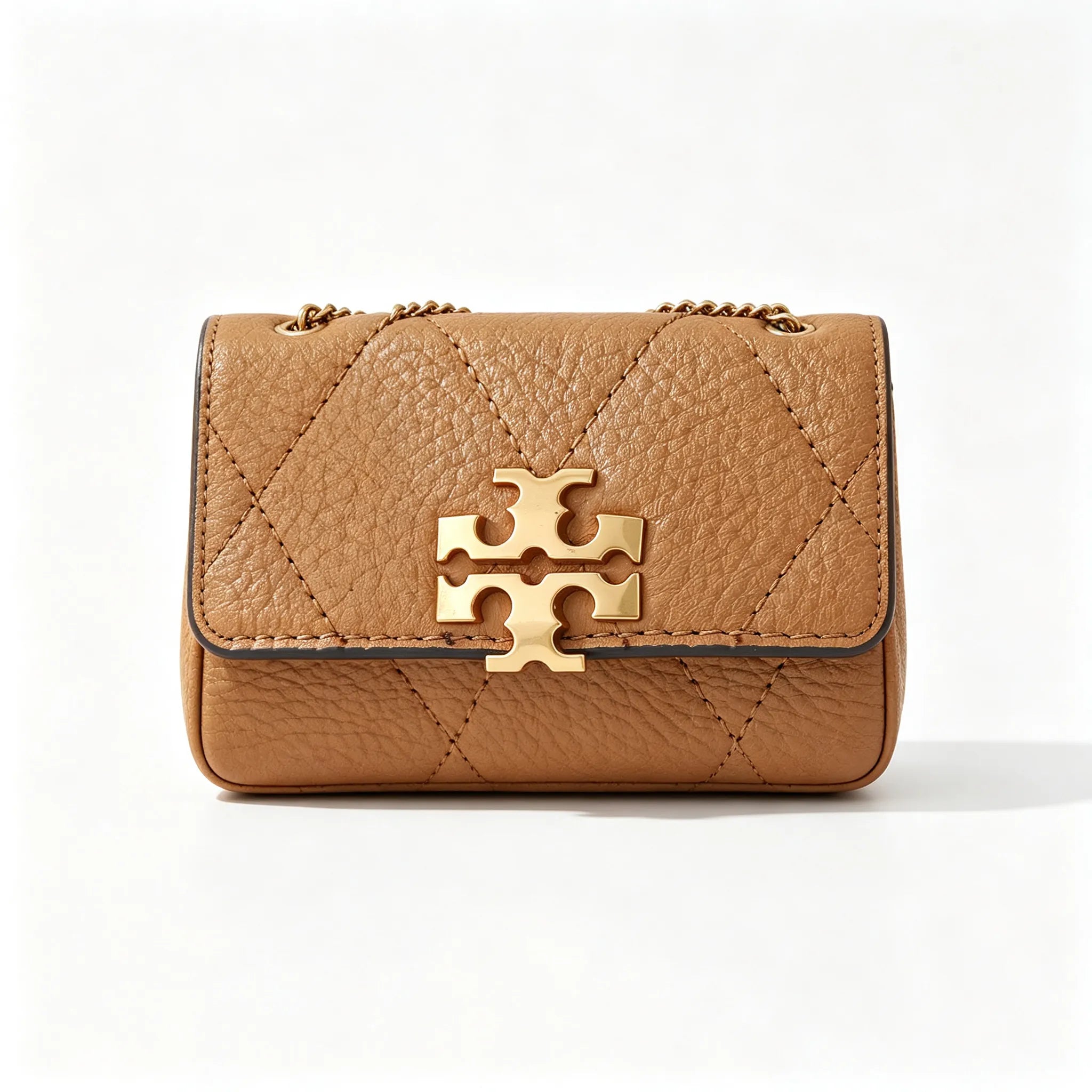 Tory Burch Kira | Warm brown pebbled leather  detachable chain shoulder strap women's designer handbag