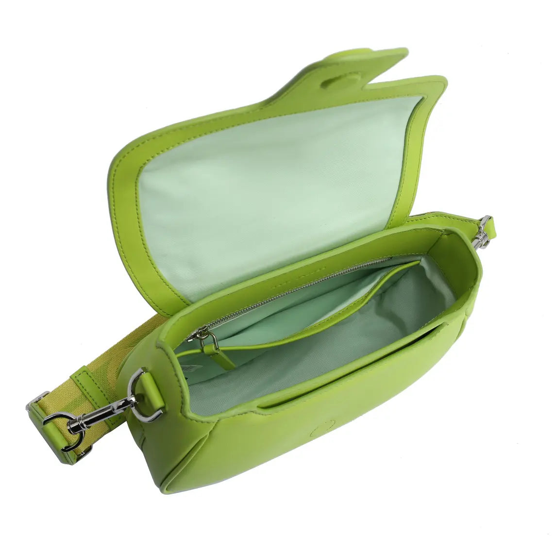 Marc Jacobs J Marc Saddle Bag, bright green smooth leather crossbody bag with brand logo shoulder strap.