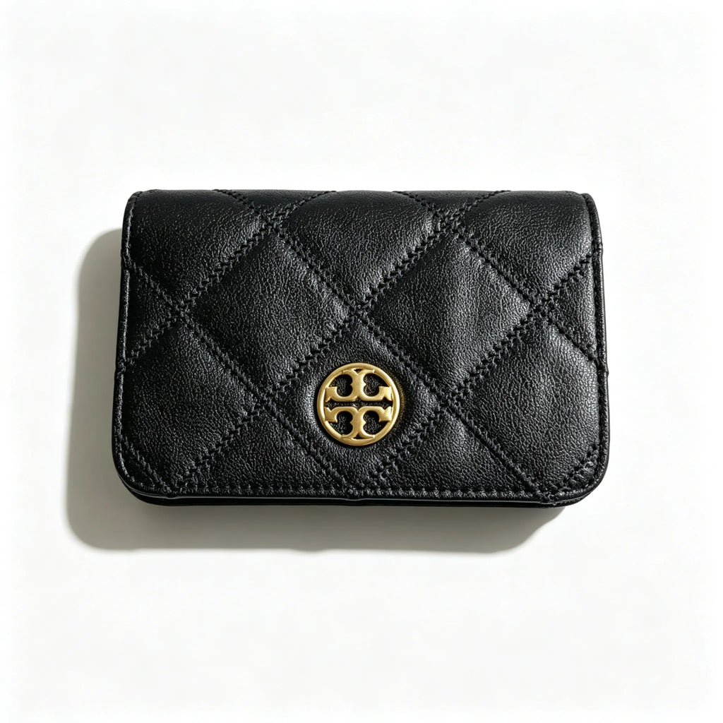 Tory Burch Willa black quilted leather wallet with multiple card slots and a zippered coin pocket a small m foldable women's wallet