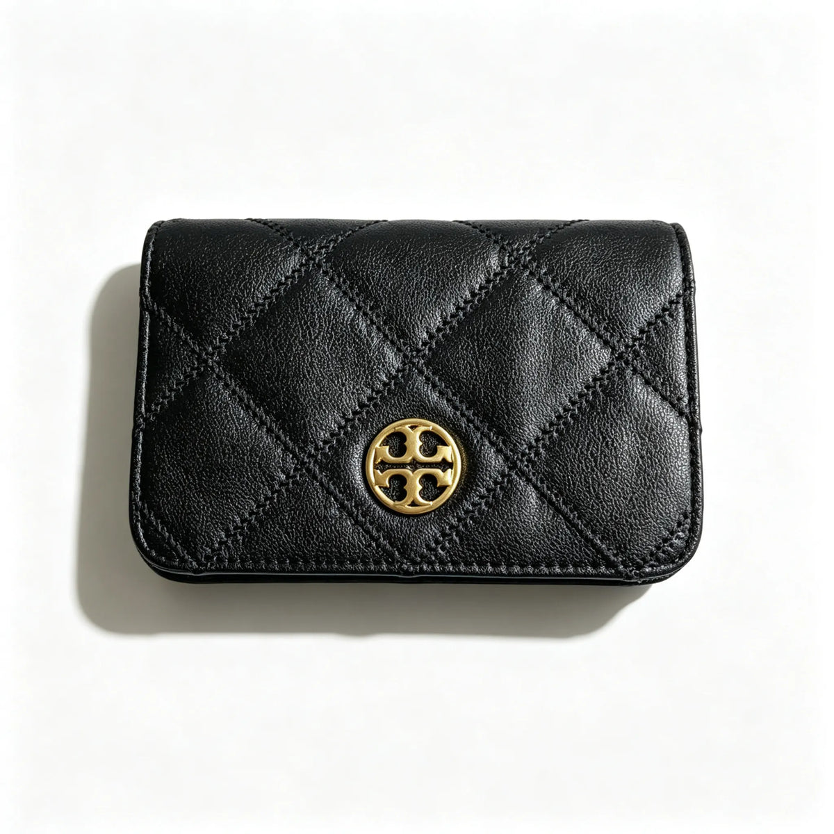 Tory Burch Willa black quilted leather wallet with multiple card slots and a zippered coin pocket a small m foldable women's wallet