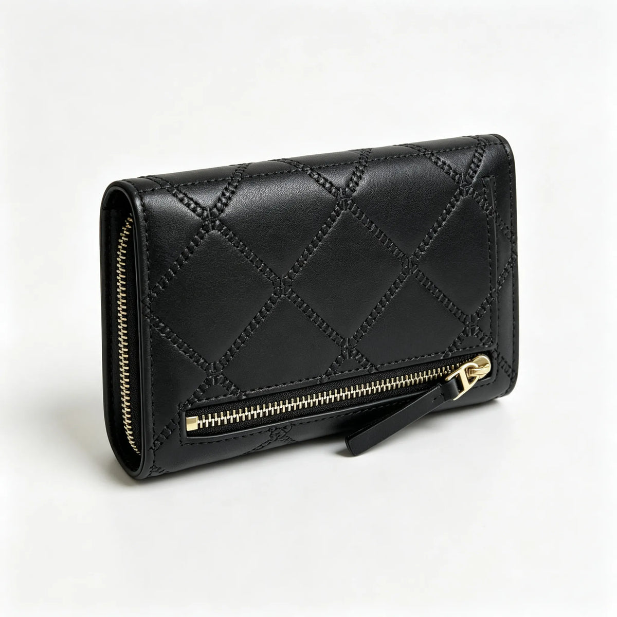 Tory Burch Fleming black quilted leather clutch with multiple card slots and a zippered coin pocket