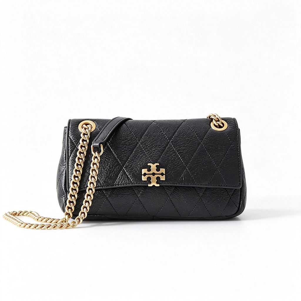 Tory Burch Kira, black calfskin leather adjustable twist chain shoulder strap  multiple carrying options for women