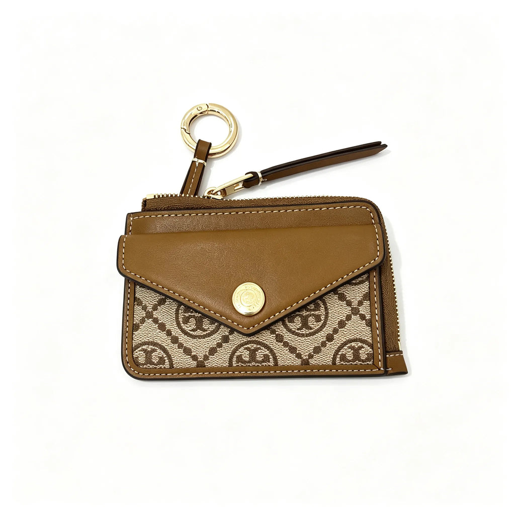 Tory Burch T-pattern keychain card holder | Hazelnut brown canvas with letter pattern multi-card slots comes with a detachable wrist strap  T-pattern keychain card holder