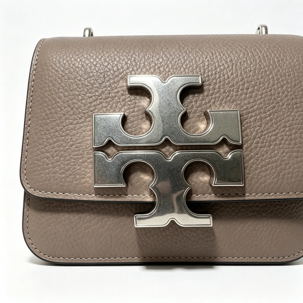Tory Burch Eleanor, elephant grey with a silver double-T detachable chain shoulder strap offering multiple carrying options for women