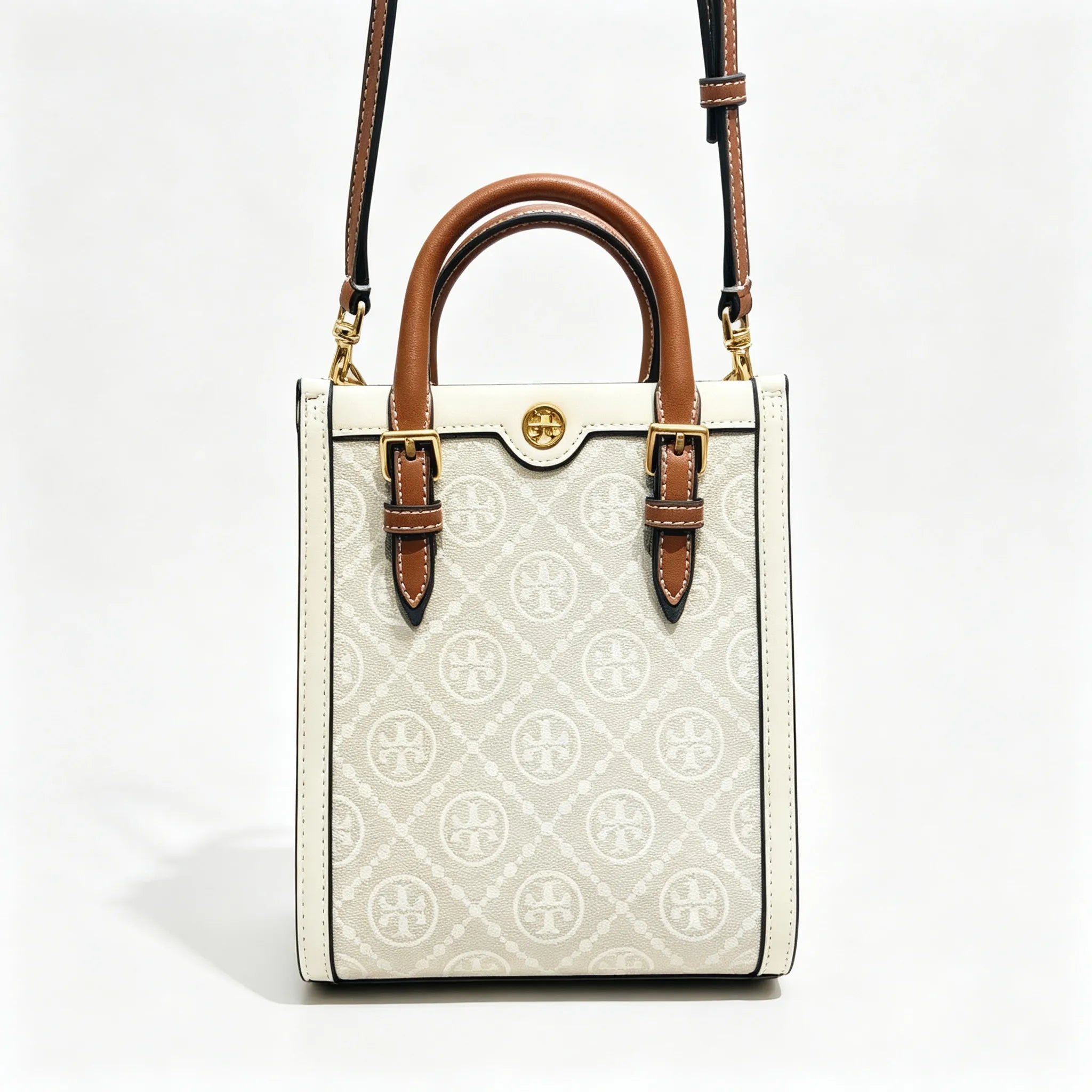 Tory Burch T Monogram | Off-white embossed canvas with brown leather trim detachable shoulder strap  women's designer mini handbag