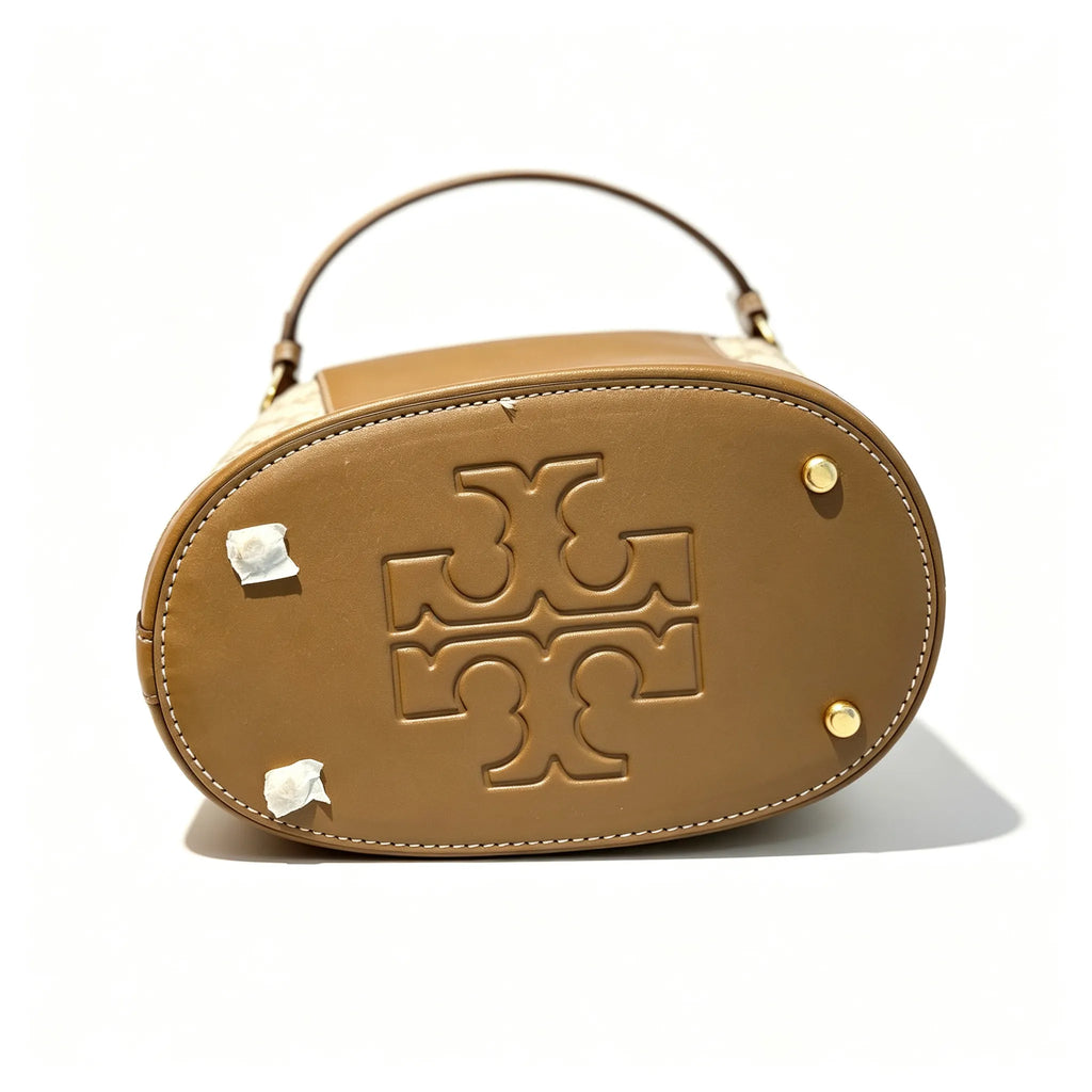 Tory Burch T Monogram | Beige and hazelnut jacquard fabric  drawstring closure and adjustable shoulder strap women's casual and weekend getaway tote bag