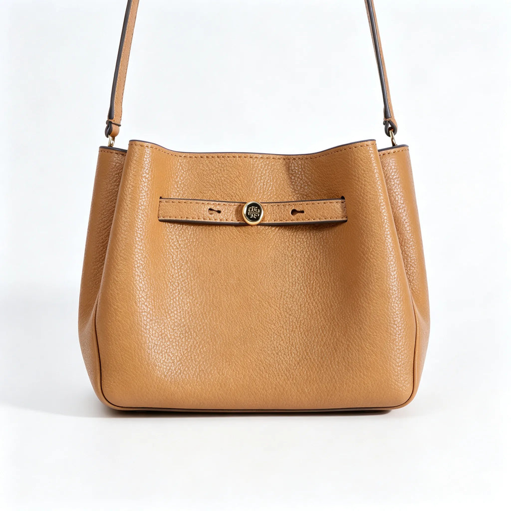 Tory Burch Romy Tiramisu Brown Adjustable Shoulder Strap Drawstring Closure Women's Designer Large Pebble Leather Bucket Bag