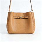 Tory Burch Romy Tiramisu Brown Adjustable Shoulder Strap Drawstring Closure Women's Designer Large Pebble Leather Bucket Bag