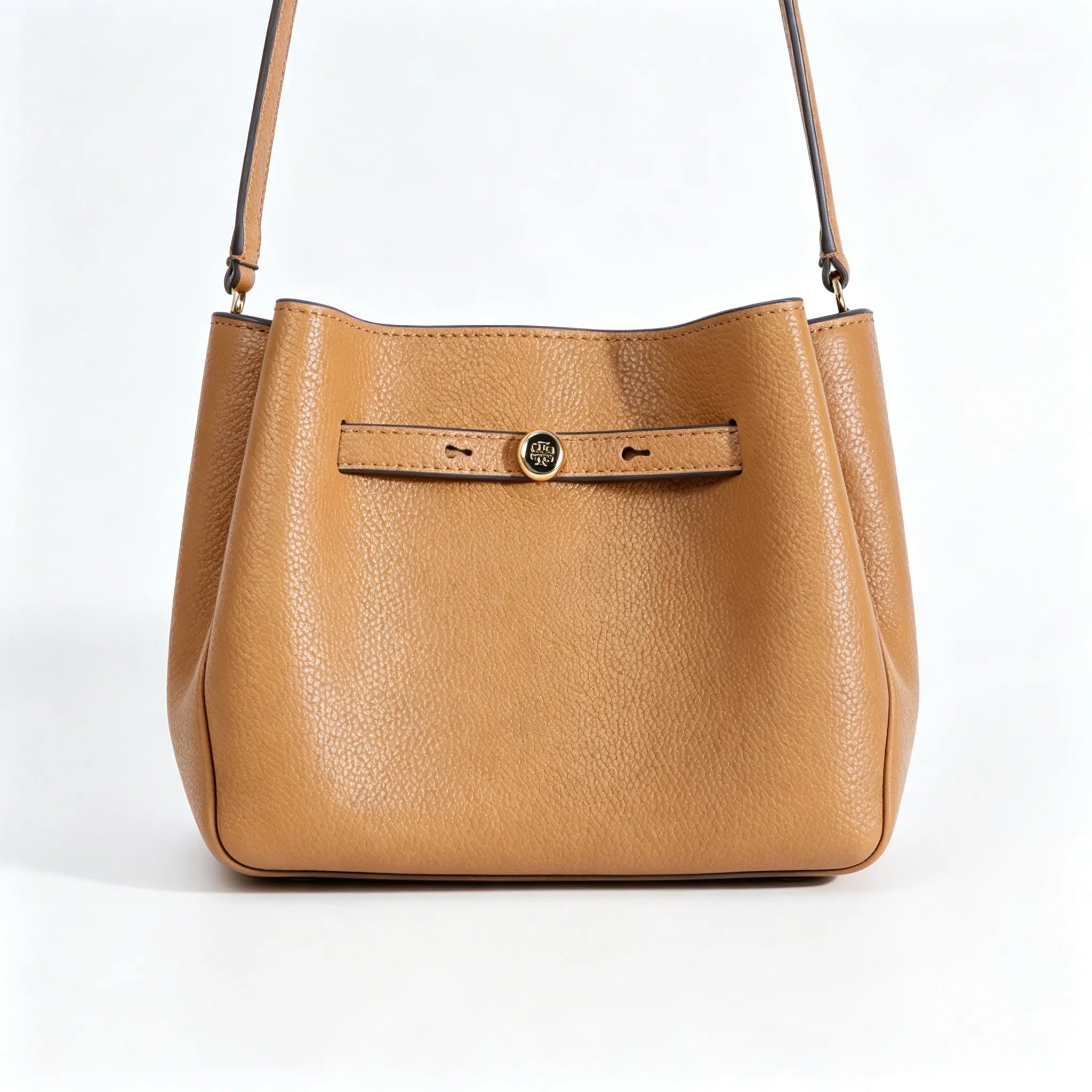 Tory Burch Romy Tiramisu Brown Adjustable Shoulder Strap Drawstring Closure Women's Designer Large Pebble Leather Bucket Bag