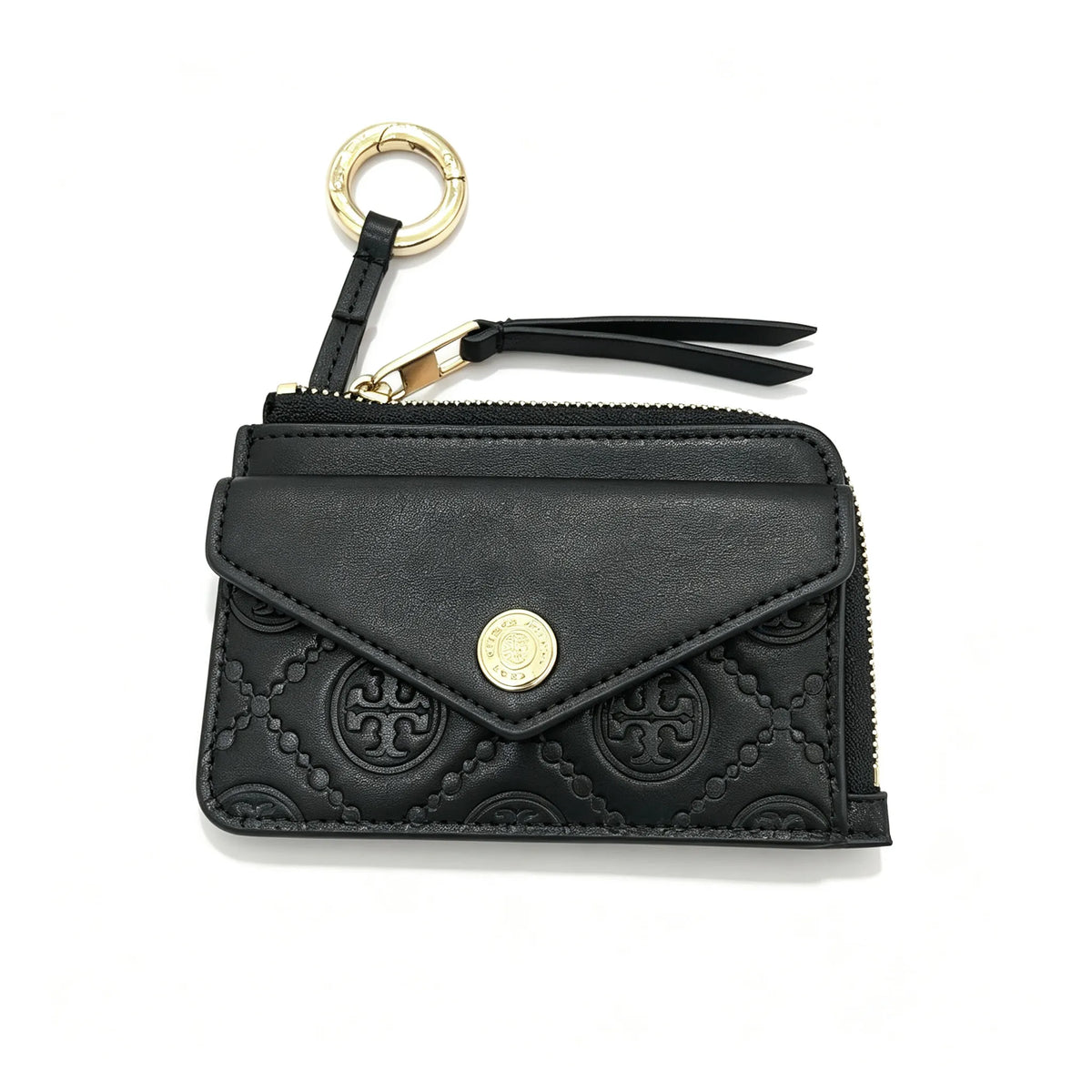 Tory Burch | Black embossed leather  multi-card slot design comes with a detachable wrist strap compact and portable  suitable for everyday use and travel