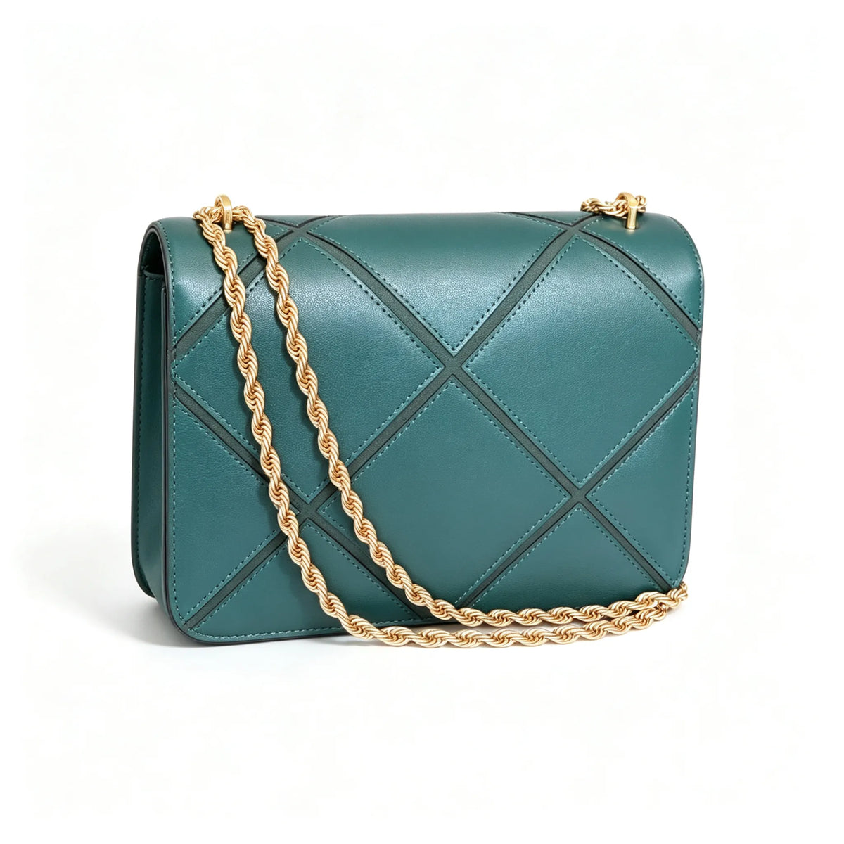 Tory Burch Eleanor in deep sea green with a gold double-T adjustable twist chain shoulder strap offering multiple carrying options for women