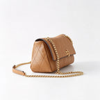 Tory Burch Kira | Warm brown pebbled leather  detachable chain shoulder strap women's designer handbag