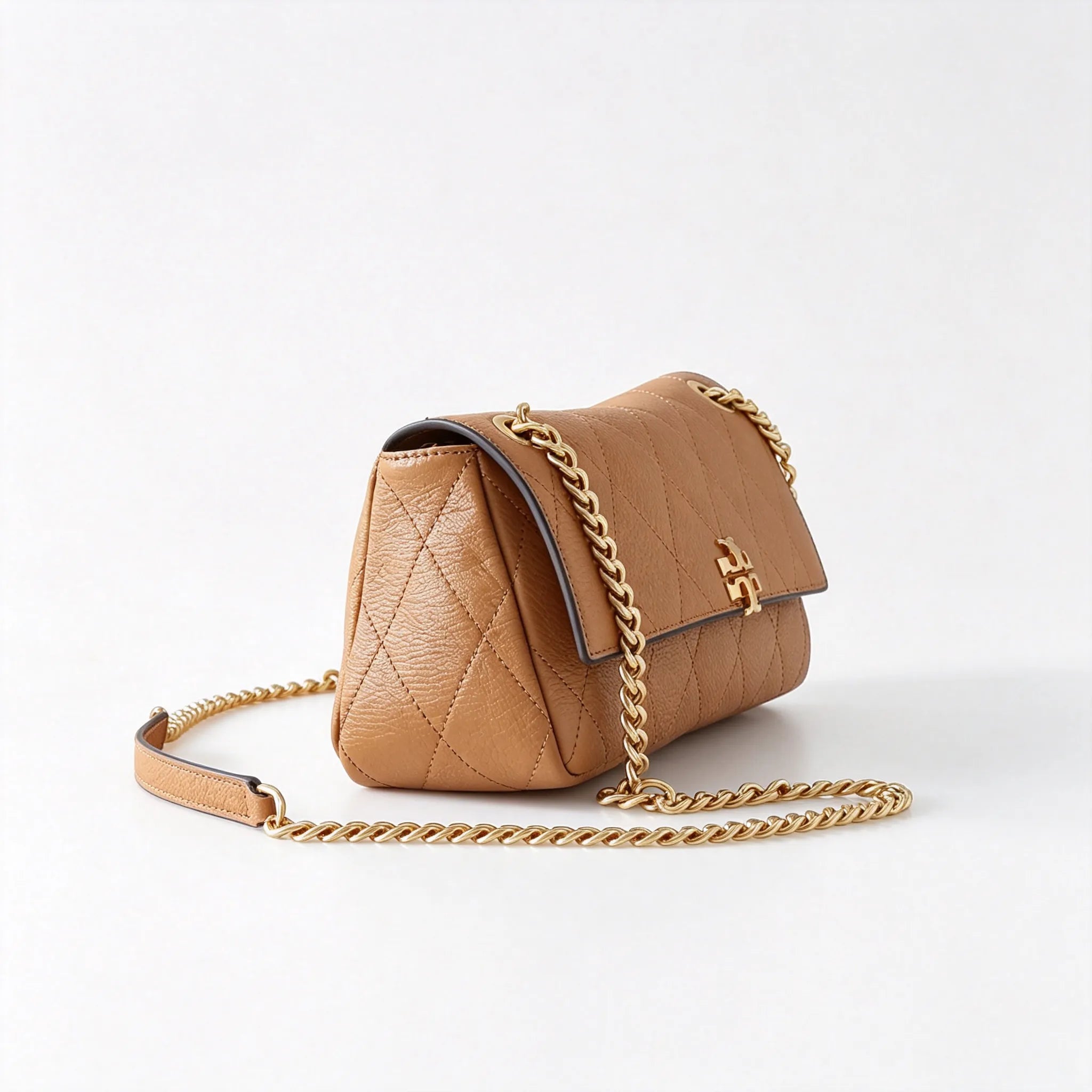 Tory Burch Kira | Warm brown pebbled leather  detachable chain shoulder strap women's designer handbag