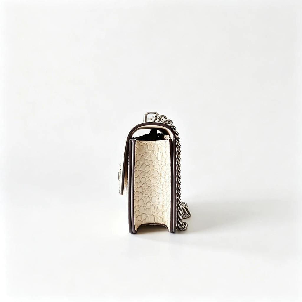 Tory Burch Eleanor off-white embossed leather twisted chain shoulder strap multiple carrying options for women