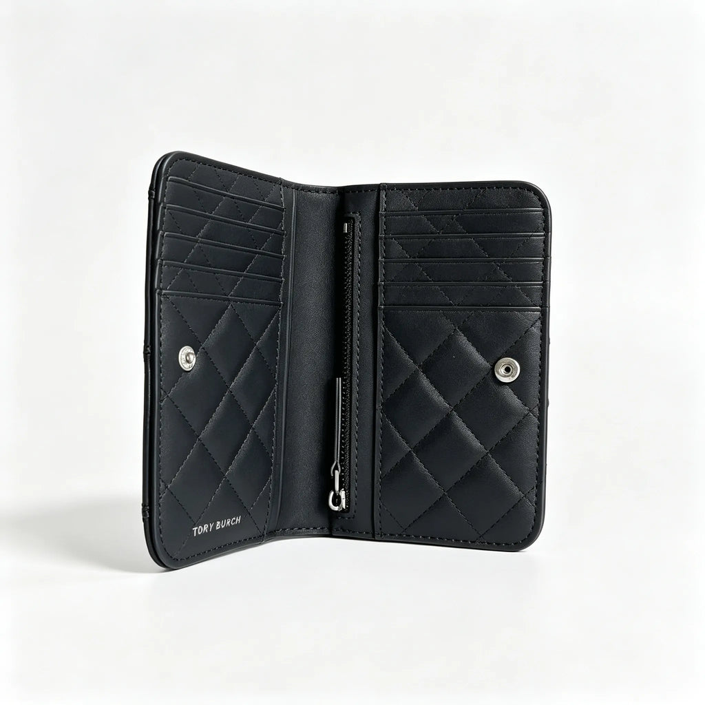 Tory Burch Willa black quilted leather wallet with multiple card slots and a zippered coin pocket a small m foldable women's wallet