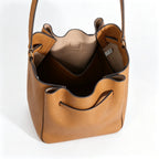 Tory Burch Romy Tiramisu Brown Adjustable Shoulder Strap Drawstring Closure Women's Designer Large Pebble Leather Bucket Bag