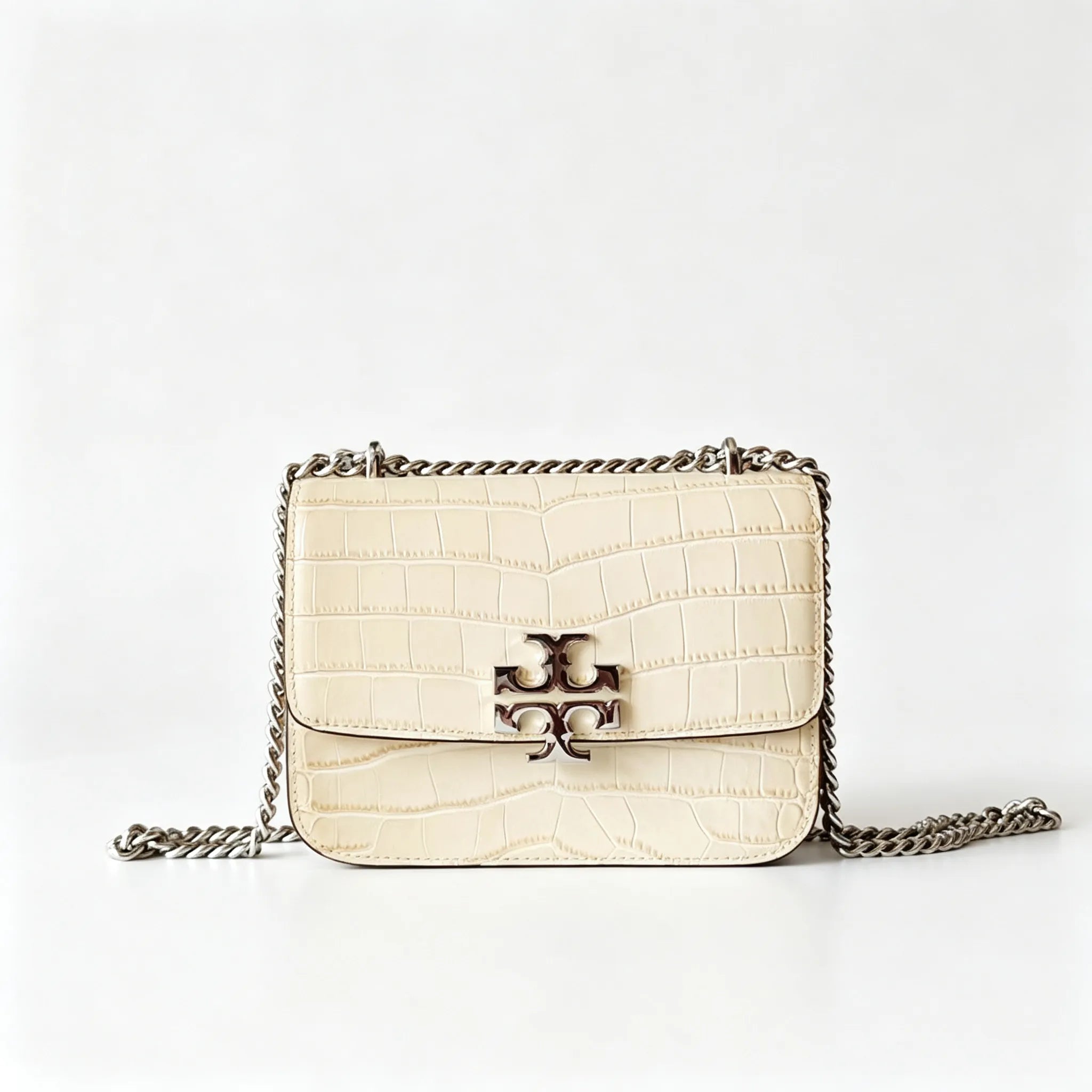 Tory Burch Eleanor off-white embossed leather twisted chain shoulder strap multiple carrying options for women