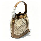 Tory Burch T Monogram | Beige and hazelnut jacquard fabric  drawstring closure and adjustable shoulder strap women's casual and weekend getaway tote bag