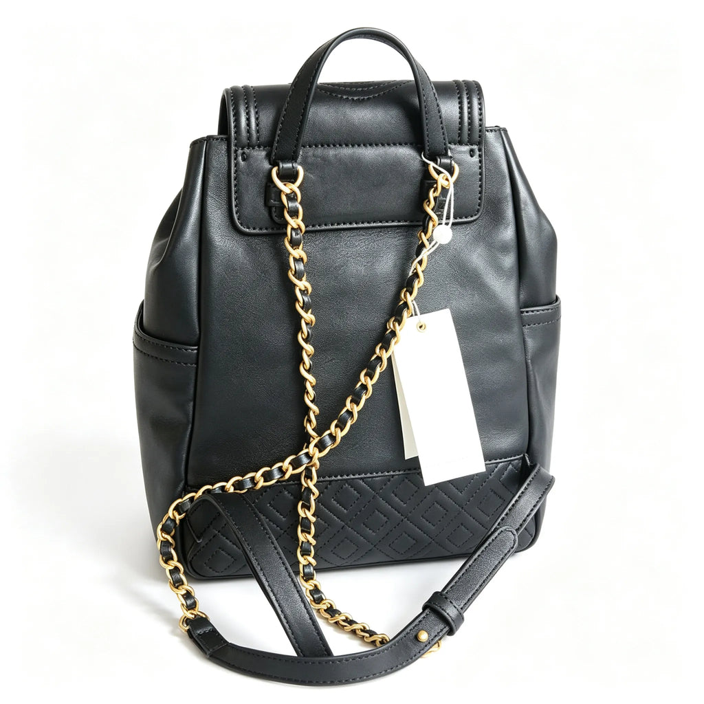 Tory Burch Fleming, black lambskin quilted front pocket and tassel drawstring adjustable chain shoulder strap, women's mini backpack