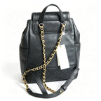 Tory Burch Fleming, black lambskin quilted front pocket and tassel drawstring adjustable chain shoulder strap, women's mini backpack