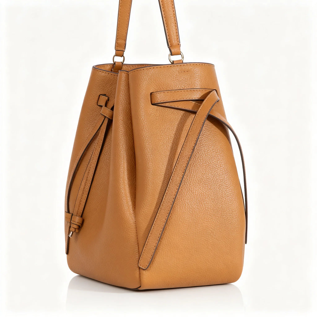 Tory Burch Romy Tiramisu Brown Adjustable Shoulder Strap Drawstring Closure Women's Designer Large Pebble Leather Bucket Bag