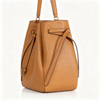 Tory Burch Romy Tiramisu Brown Adjustable Shoulder Strap Drawstring Closure Women's Designer Large Pebble Leather Bucket Bag