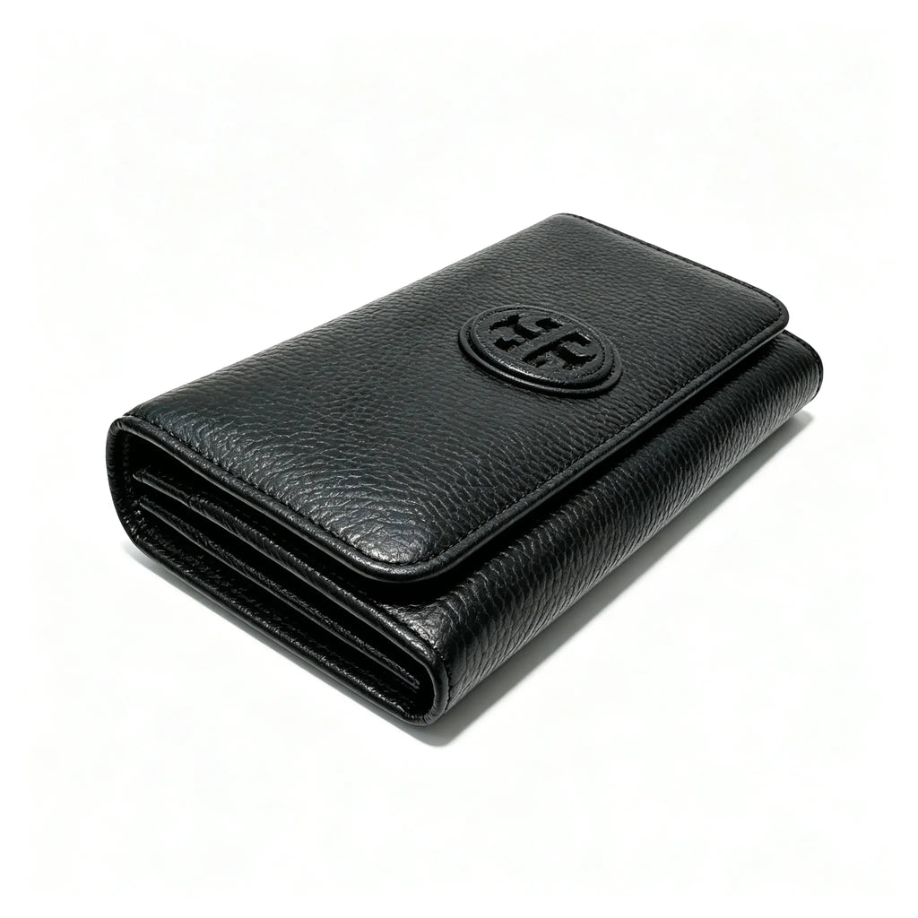Tory Burch Parker black pebbled leather wallet with multiple card slots and a zippered coin pocket foldable long women's wallet