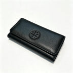 Tory Burch Parker black pebbled leather wallet with multiple card slots and a zippered coin pocket foldable long women's wallet