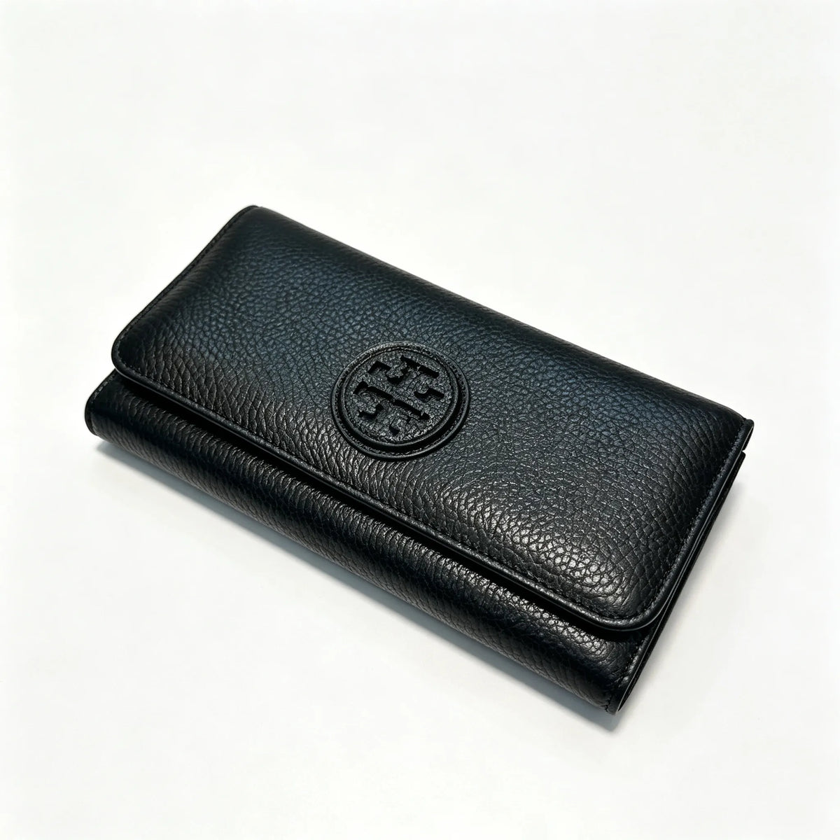 Tory Burch Parker black pebbled leather wallet with multiple card slots and a zippered coin pocket foldable long women's wallet